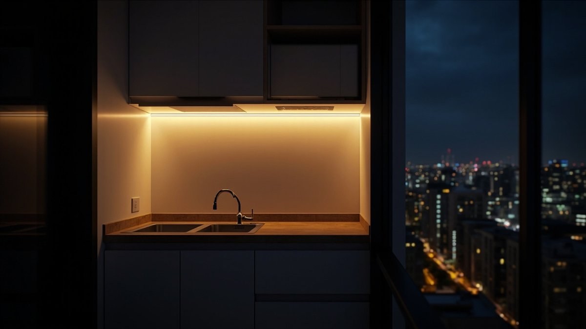 Illustrative concept design: kitchenette at night lit by a warm LED strip under the wall cabinets over a double sink