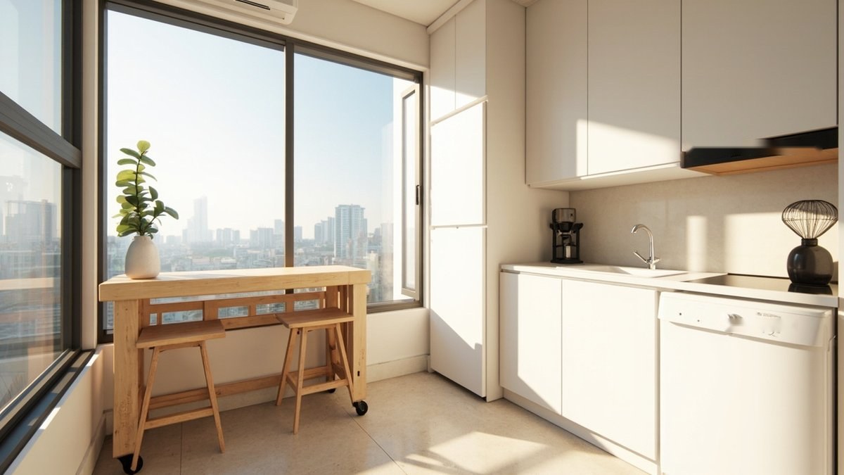 Illustrative concept design: timber table on castors with two stools by a window beside a white kitchenette