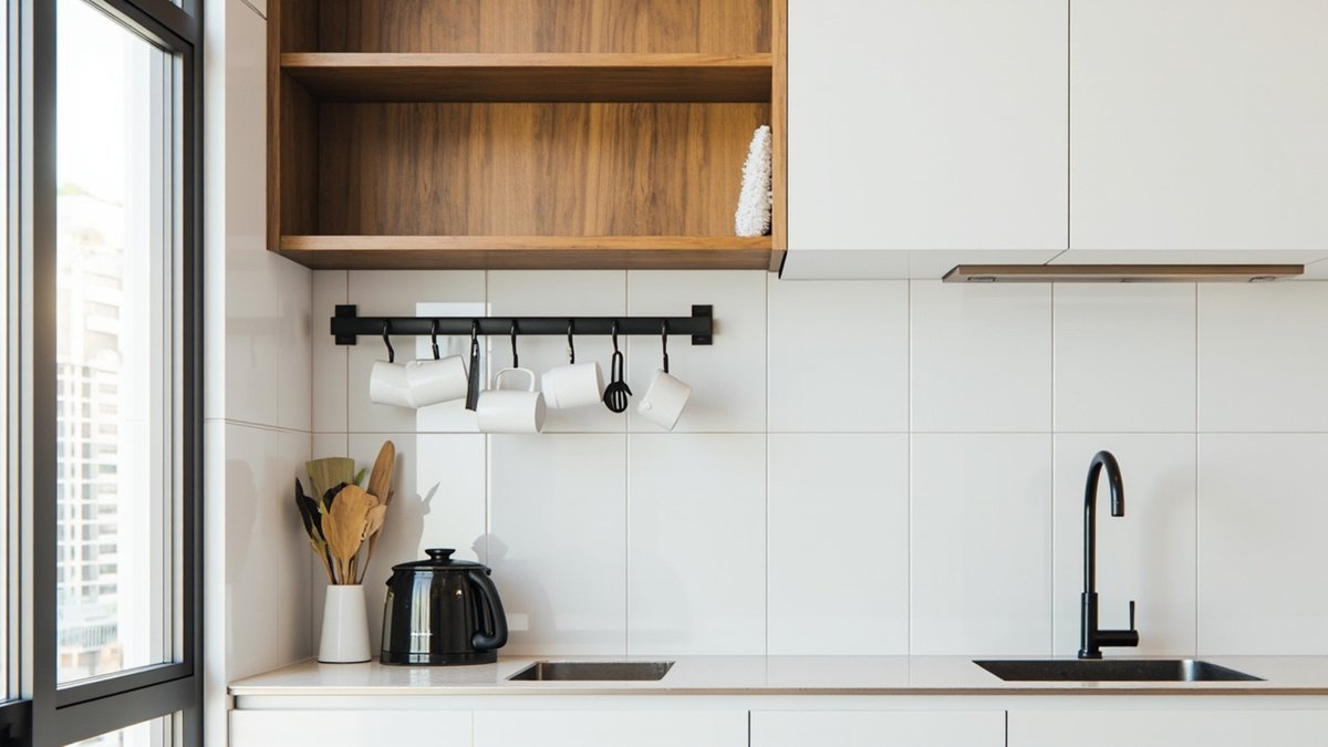 Illustrative concept design: open timber shelf unit and a black rail with white mugs over white tiles