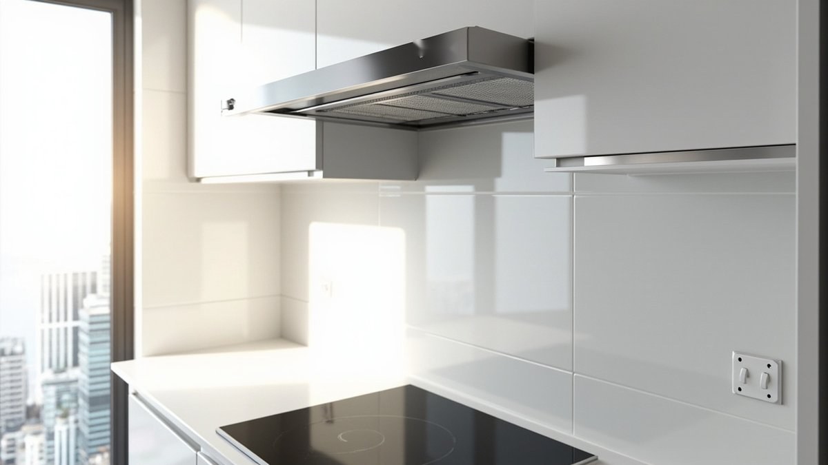Illustrative concept design: slim stainless hood under white wall cabinets above a black induction hob