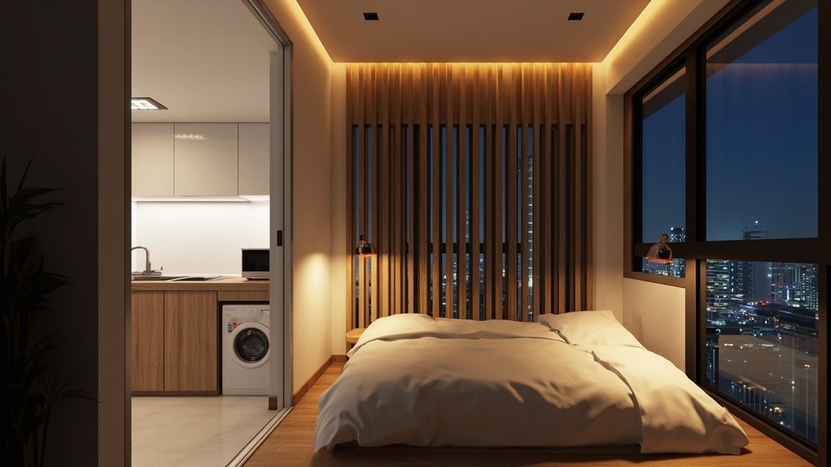 Illustrative concept design: studio at night with a warm-lit bed zone and slat divider beside a separately lit kitchenette