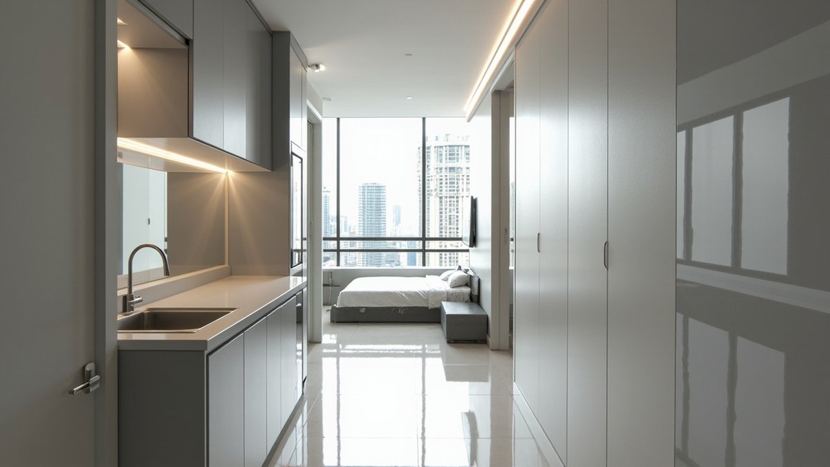 Illustrative concept design: slim grey kitchenette along an entry corridor opposite tall wardrobes, leading to the bed zone