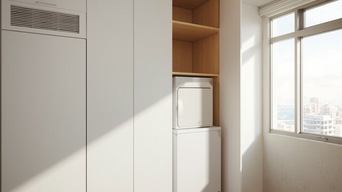 Illustrative concept design: tall white cabinets with an open bay holding a stacked washer and dryer