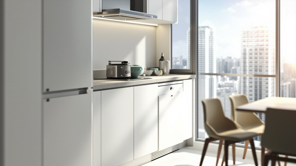 Illustrative concept design: white studio kitchenette with flat-front base units, a slim hood and a dining table by the windows