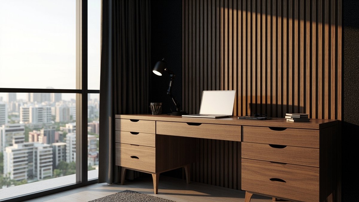 Illustrative concept design: timber slat panels on a dark wall behind a walnut desk with a lamp and laptop