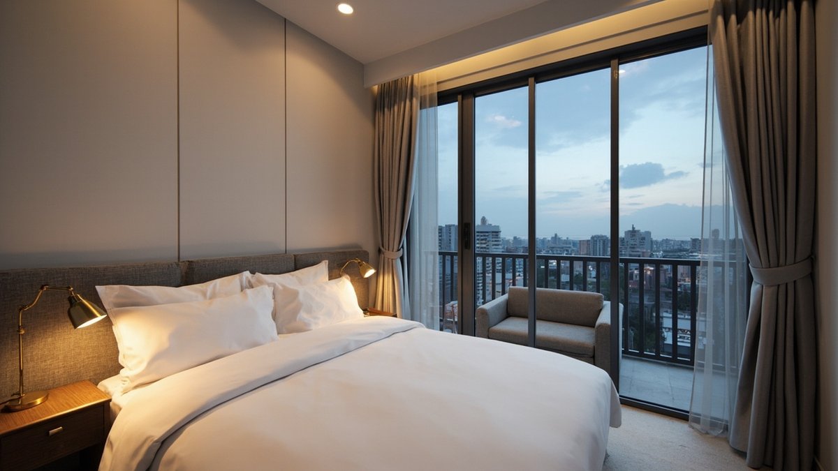 Illustrative concept design: hotel-style bed with white linen, a grey upholstered headboard, brass lamps and full curtains