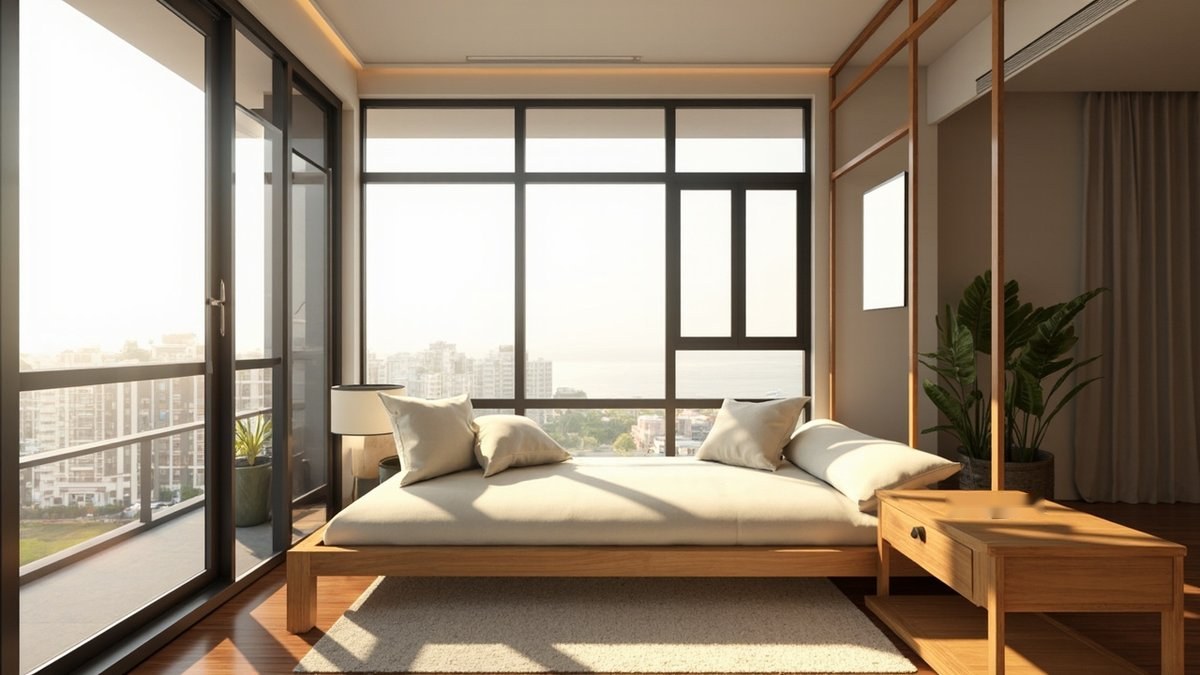 Illustrative concept design: deep timber-framed daybed with cream cushions by tall windows, a side table and a rug