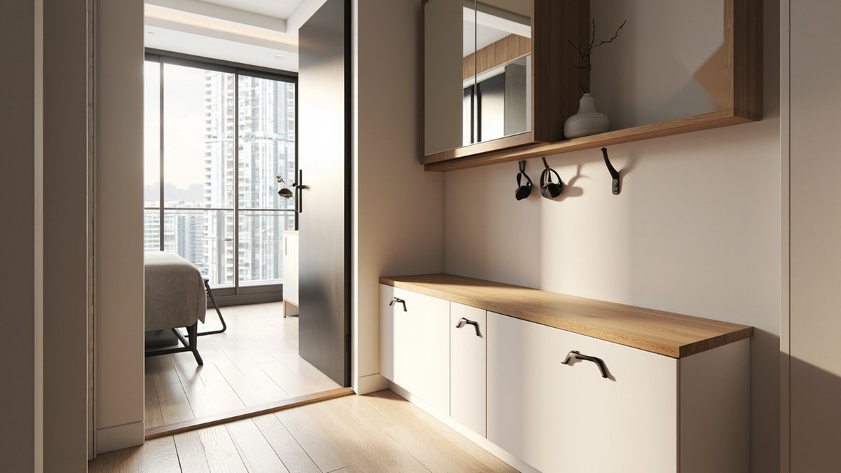 Illustrative concept design: white storage bench with a timber top and black hooks at a studio entrance