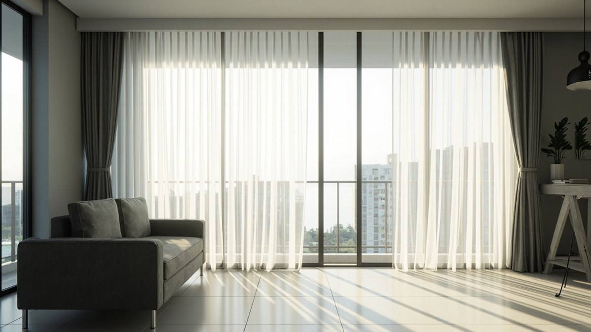 Illustrative concept design: full-height sheer and grey curtains across a glass facade with a grey sofa in front