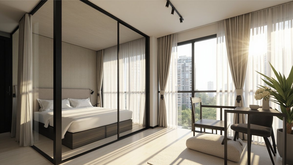 Illustrative concept design: black-framed glass box around a bed with linen curtains, beside a desk by tall windows