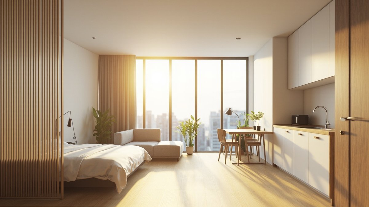 Illustrative concept design: whole studio unit with a timber slat screen by the bed, a compact sofa, a window desk and a one-wall white kitchenette on a light oak floor