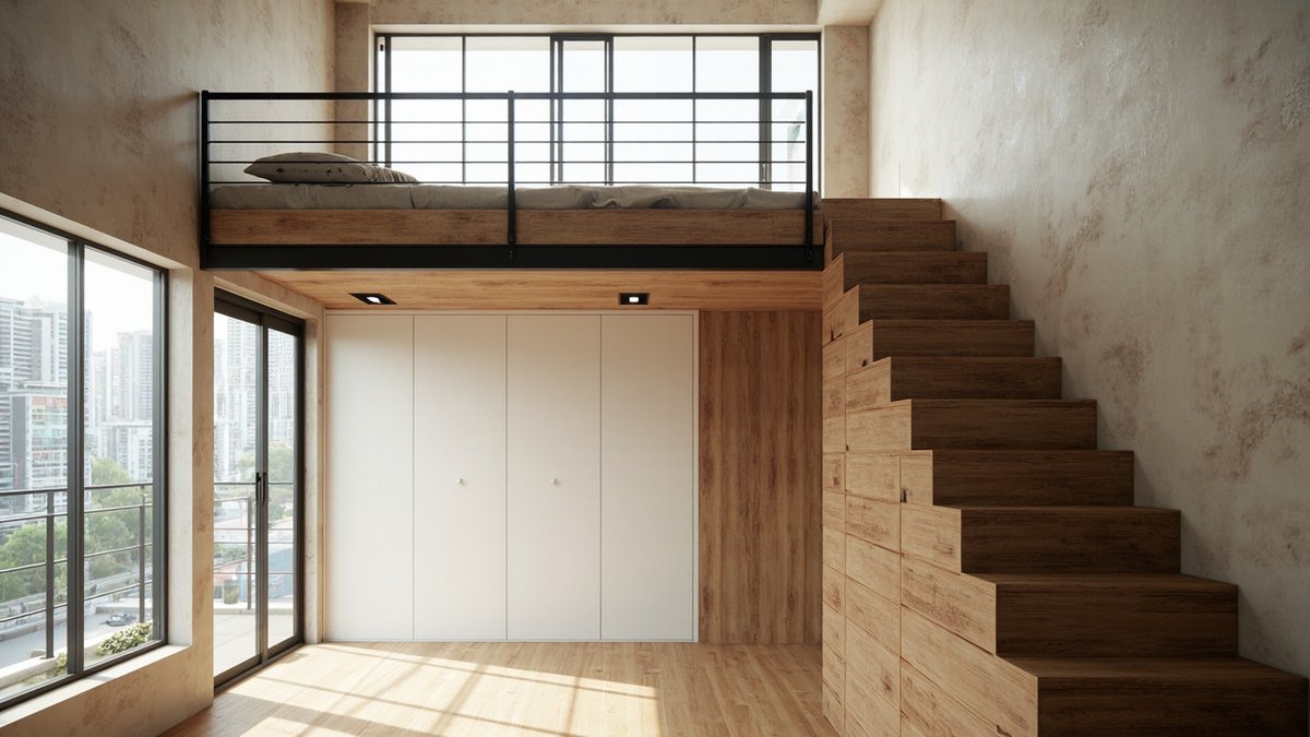 Illustrative concept design: timber loft bed with a black railing over white wardrobe doors, reached by a storage stair