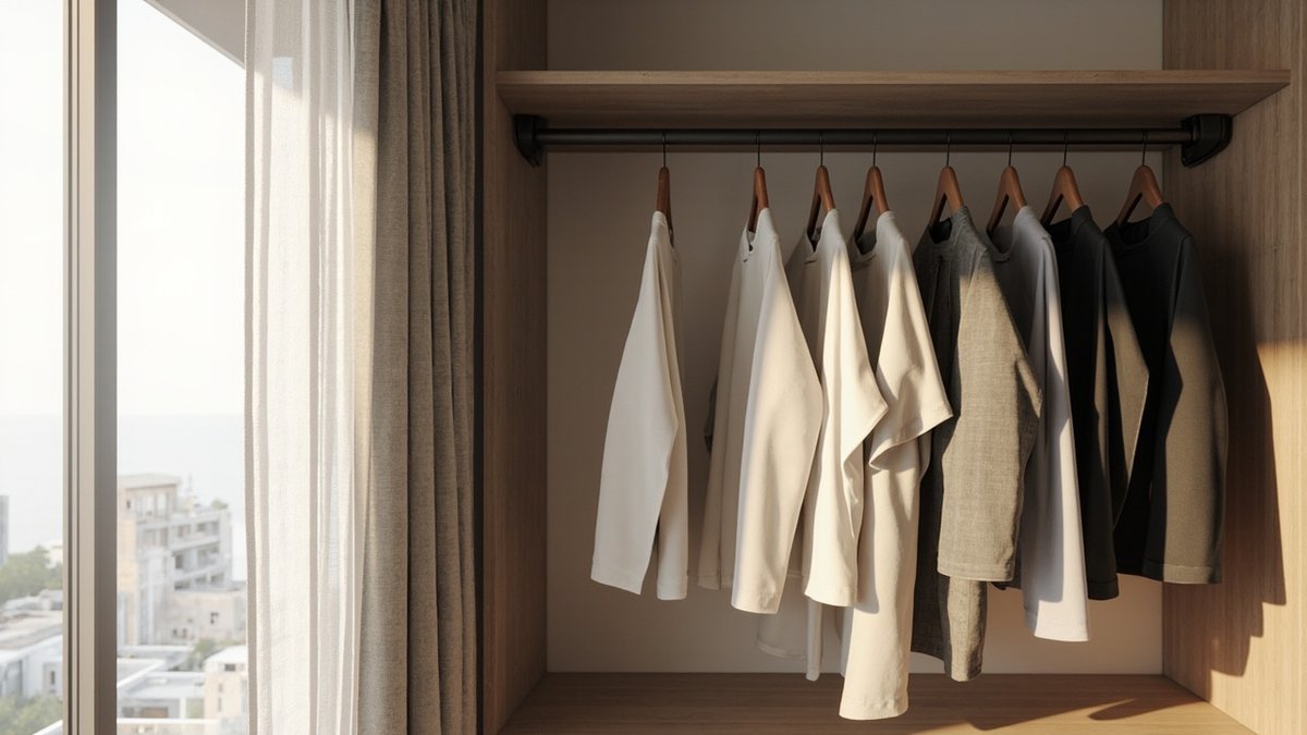 Illustrative concept design: black steel wardrobe rail with plain shirts in a timber niche beside a linen curtain