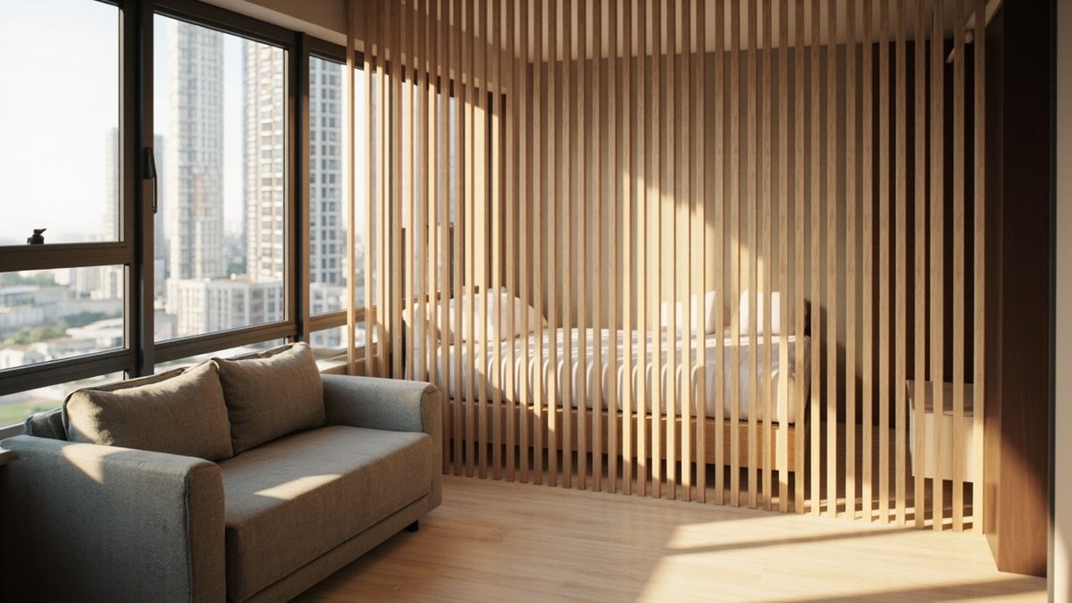 Illustrative concept design: floor-to-ceiling timber slat divider screening a bed from a grey sofa by city windows