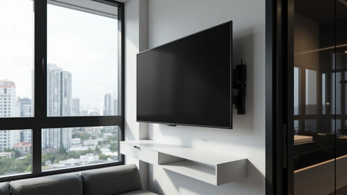 Illustrative concept design: switched-off screen on a black articulated wall arm above a floating white shelf