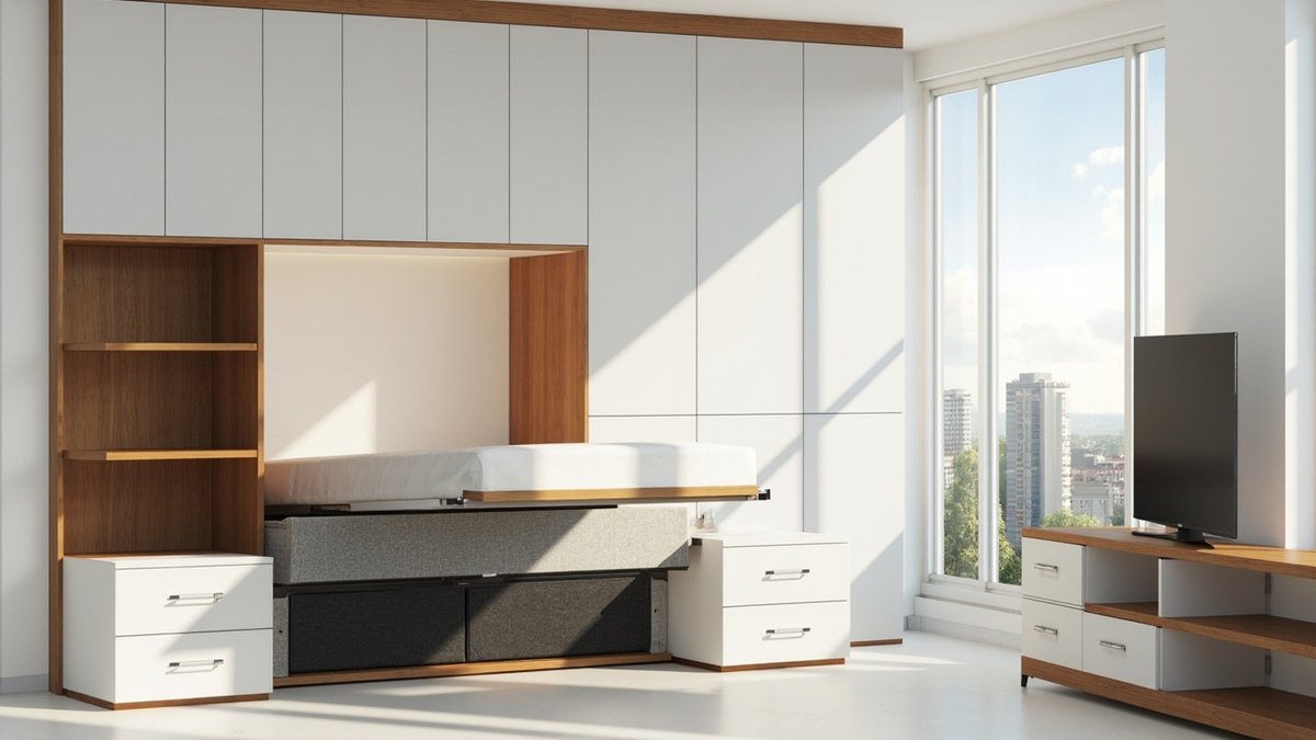 Illustrative concept design: built-in wall with a fold-down bed half open above a grey sofa base and side shelves