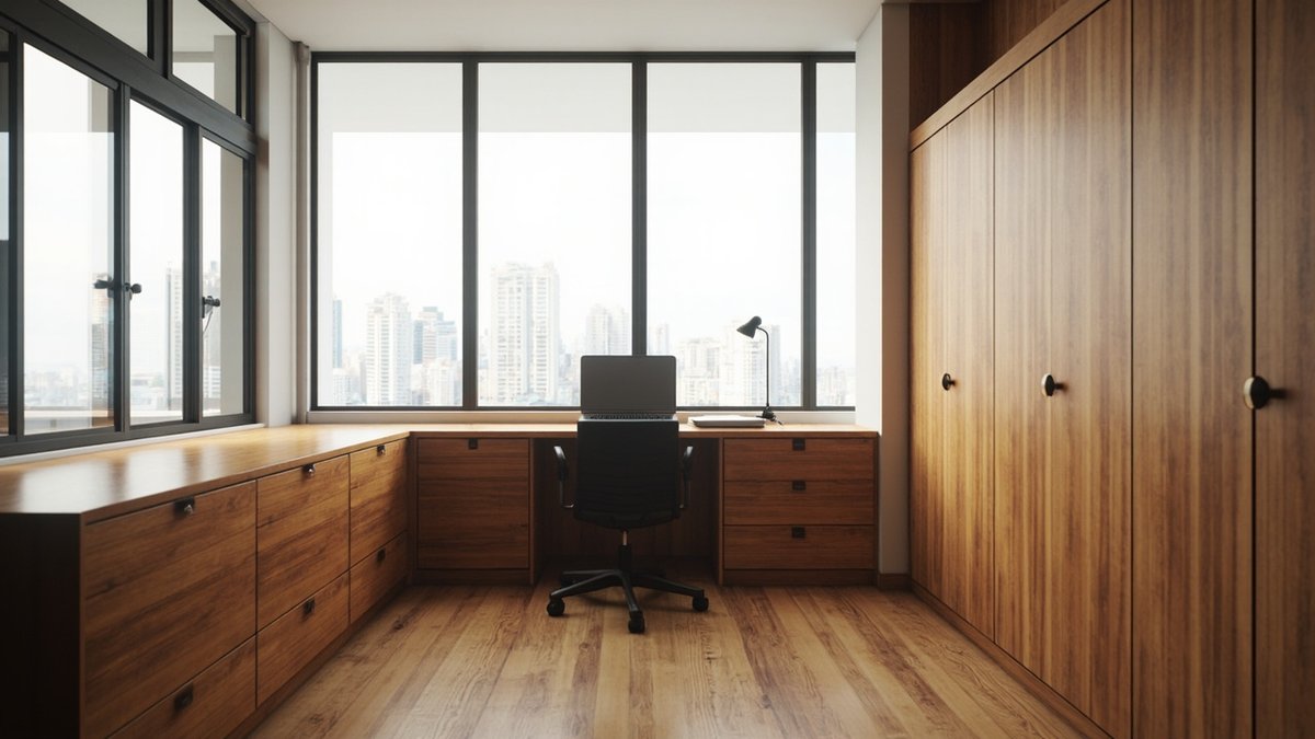 Illustrative concept design: L-shaped built-in timber desk with drawers along two window walls and a task chair