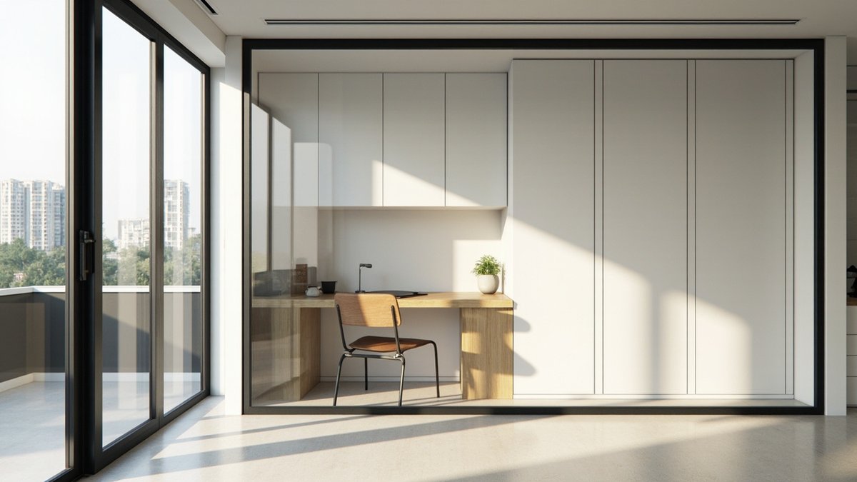 Illustrative concept design: black-framed glass enclosure around a built-in oak study desk and white cabinets in a condo living hall
