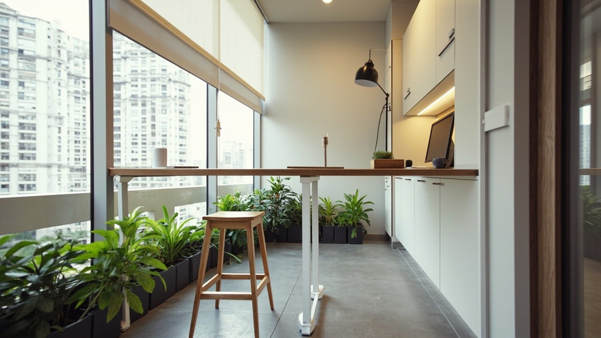 Illustrative concept design: timber desk on slim white legs beside the glass of an enclosed condo balcony with potted plants and a roller blind