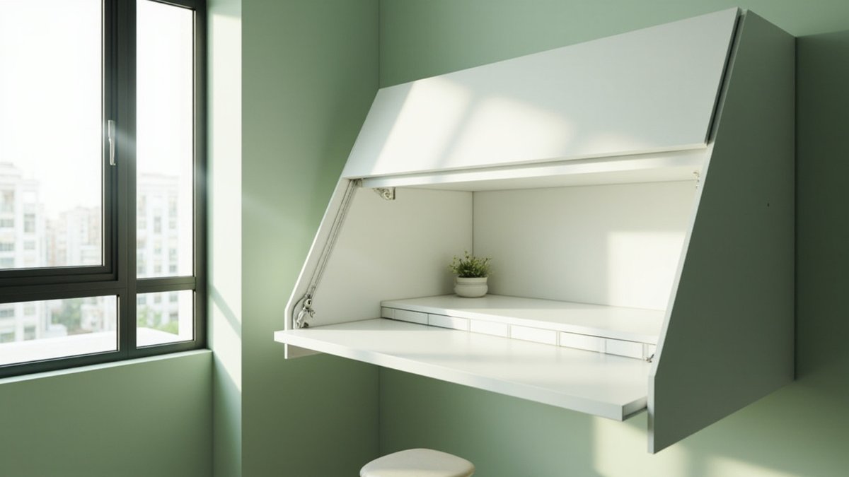 Illustrative concept design: white fold-down wall desk cabinet open on a sage green wall in a small condo, with a stool below