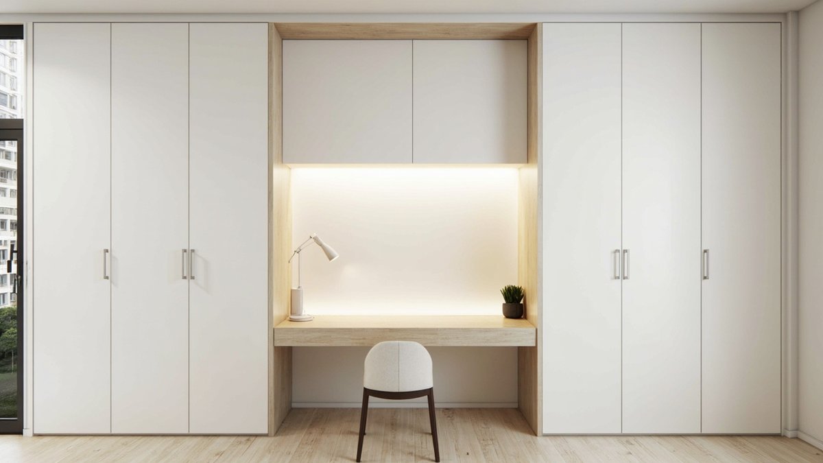 Illustrative concept design: white full-height cabinet wall with a lit light oak desk recess in the middle of a study room
