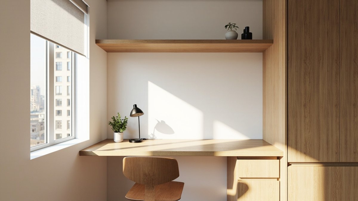 Illustrative concept design: floating light oak desk side-on to a condo window with one oak shelf above and a tall oak cabinet beside it