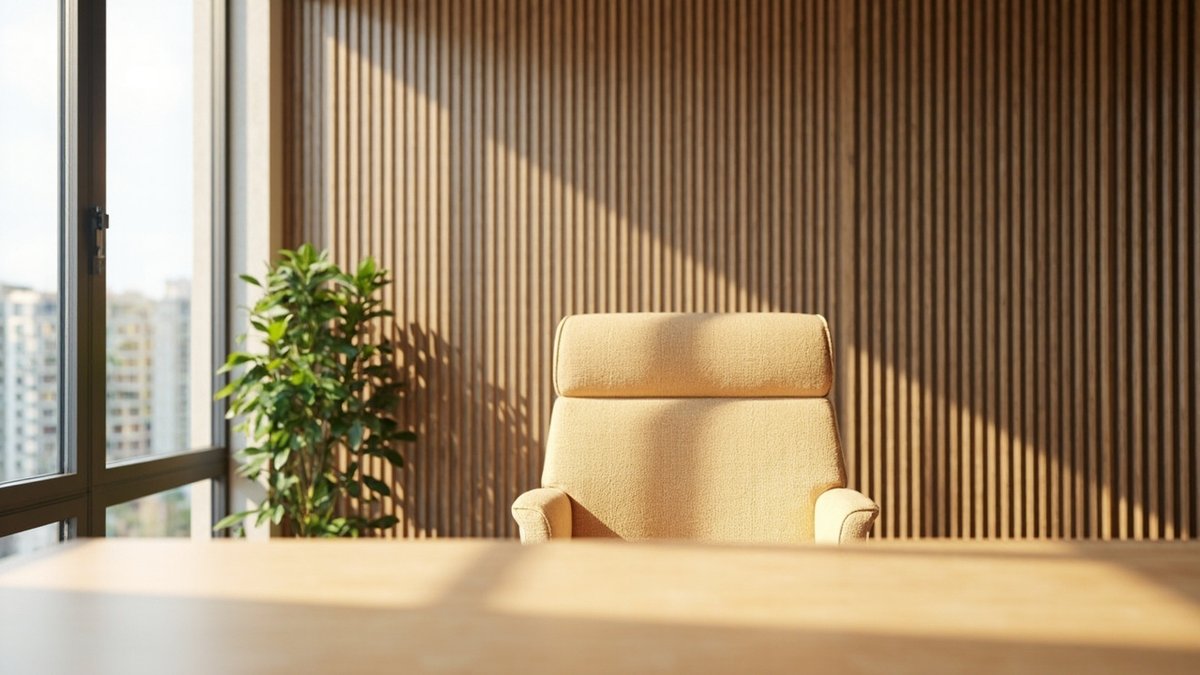 Illustrative concept design: light oak fluted wall panel behind a beige office chair as a video call backdrop in a condo study