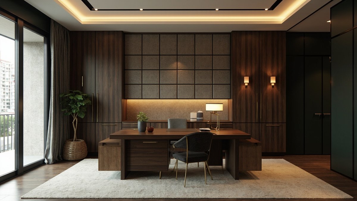 Illustrative concept design: premium home office with dark walnut joinery, grey fabric acoustic panels and a large walnut desk