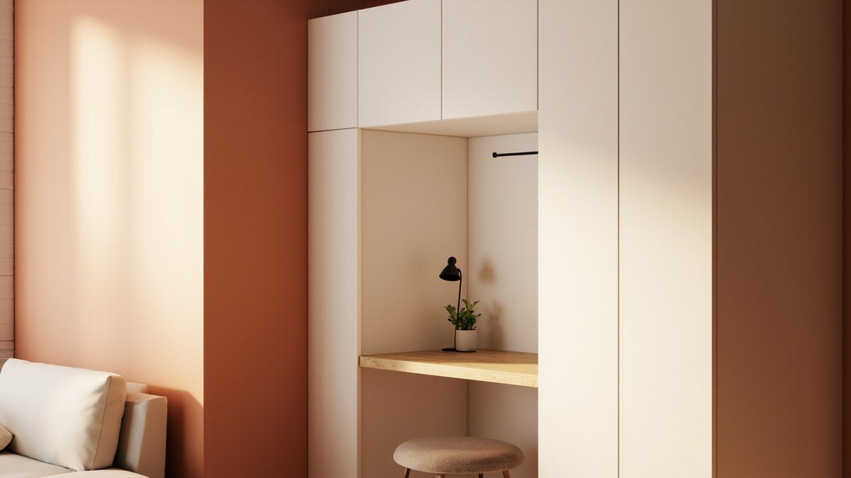 Illustrative concept design: white cabinet unit with a recessed light oak desk niche on a terracotta wall in a condo living area