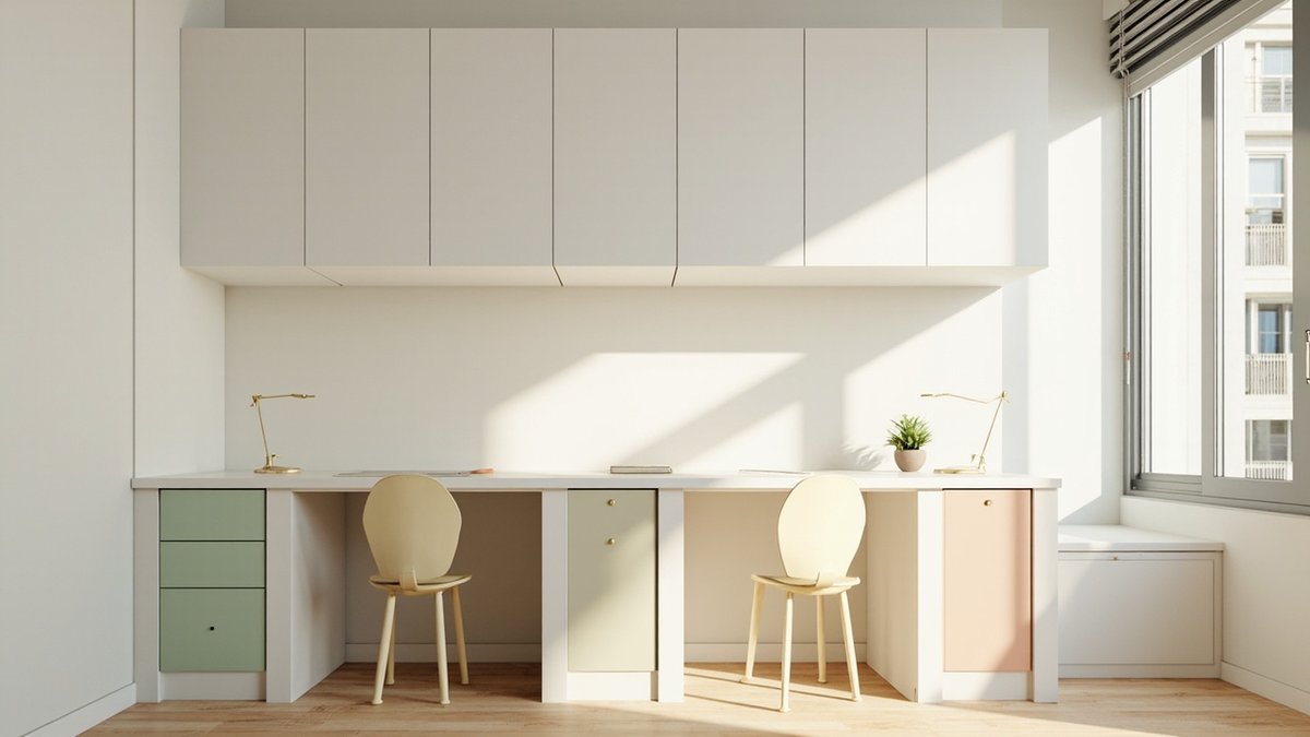 Illustrative concept design: long white twin study desk with sage green and peach fronts and two lamps in a shared kids room