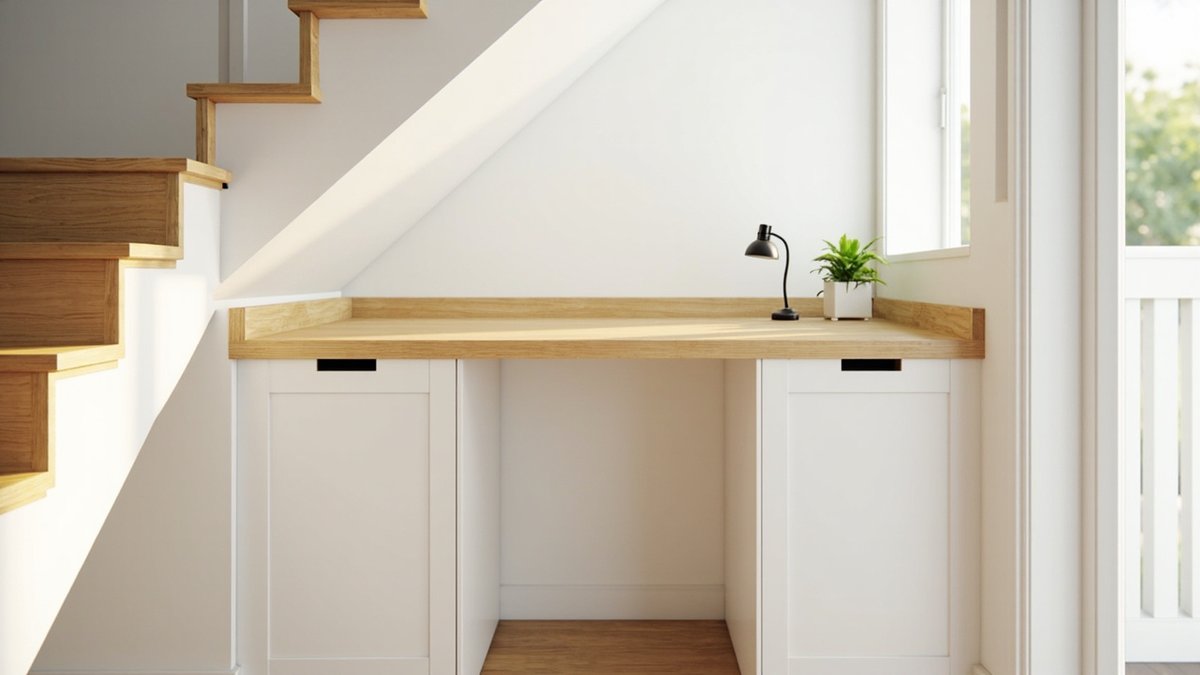 Illustrative concept design: light oak desk built under a staircase between white shaker cabinets in a terrace house