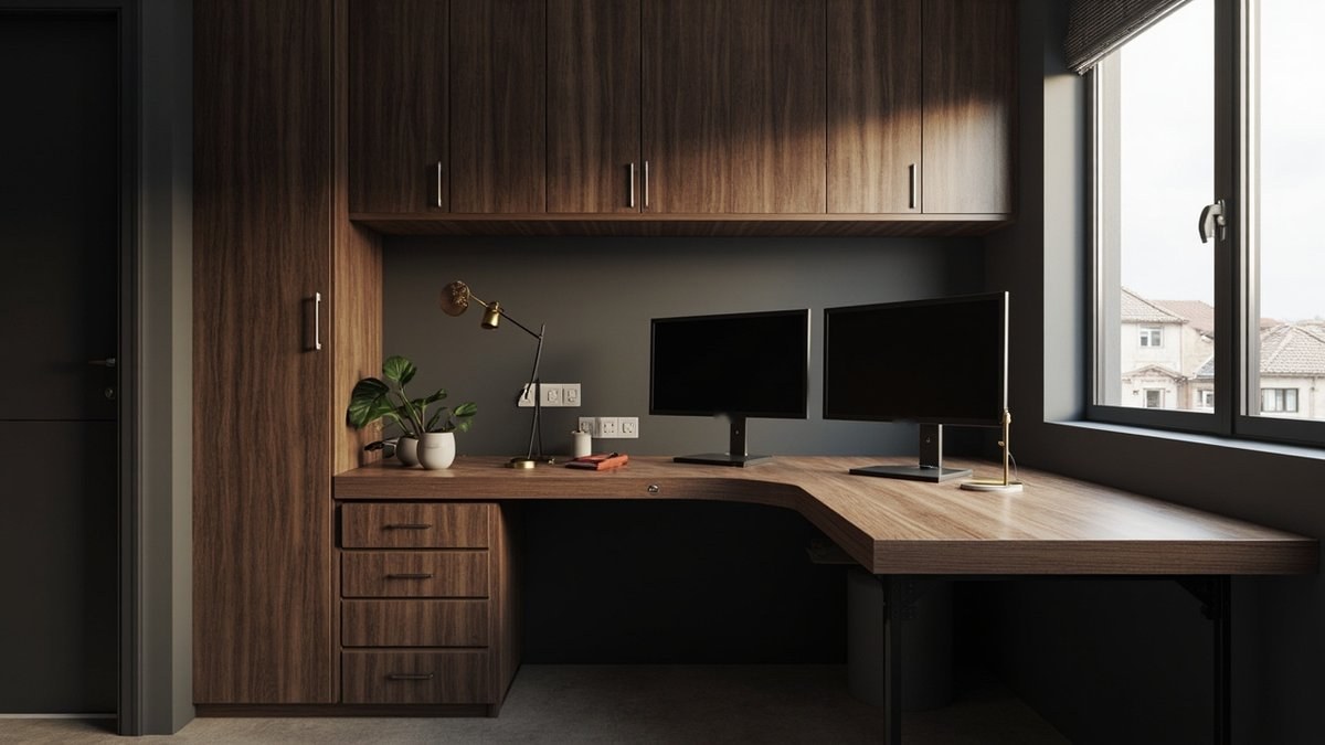 Illustrative concept design: walnut L-shaped corner desk with two monitors and closed walnut cabinets in a charcoal terrace house study