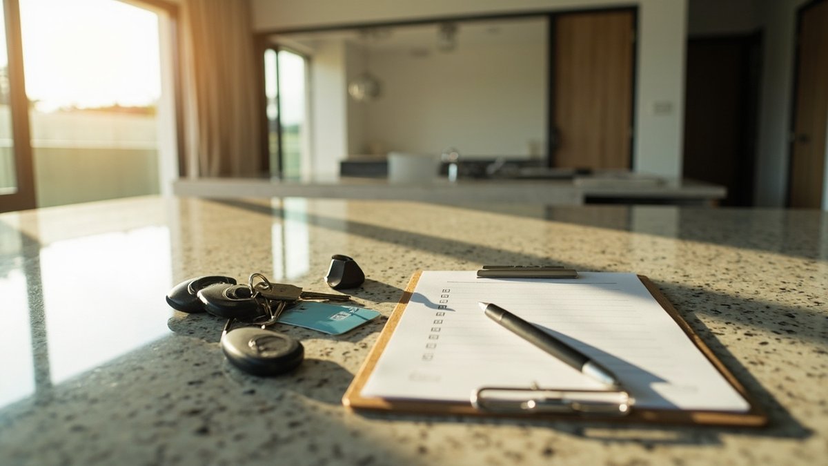 House keys, gate remotes and access cards on a counter with a handover checklist