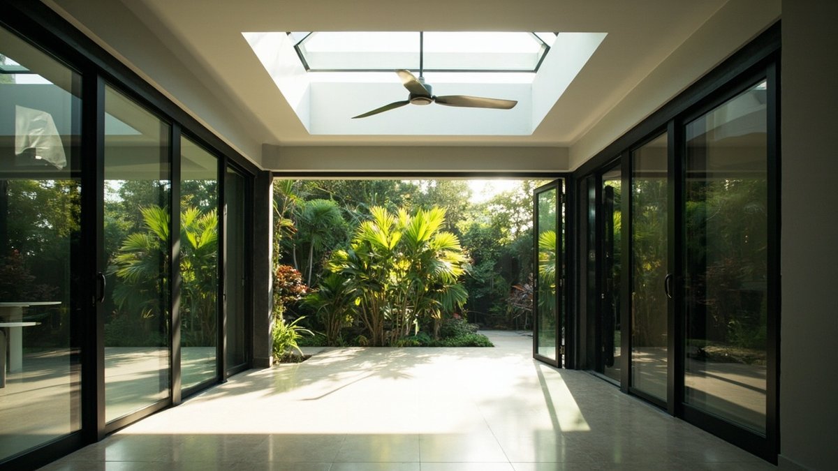 Sunroom berdinding kaca dengan bumbung bertebat dan pintu lipat di belakang rumah teres