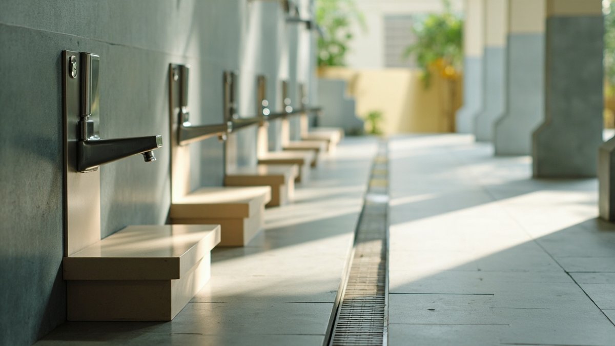 Tempat wuduk surau dengan barisan paip, tempat duduk berjubin dan saluran longkang lantai