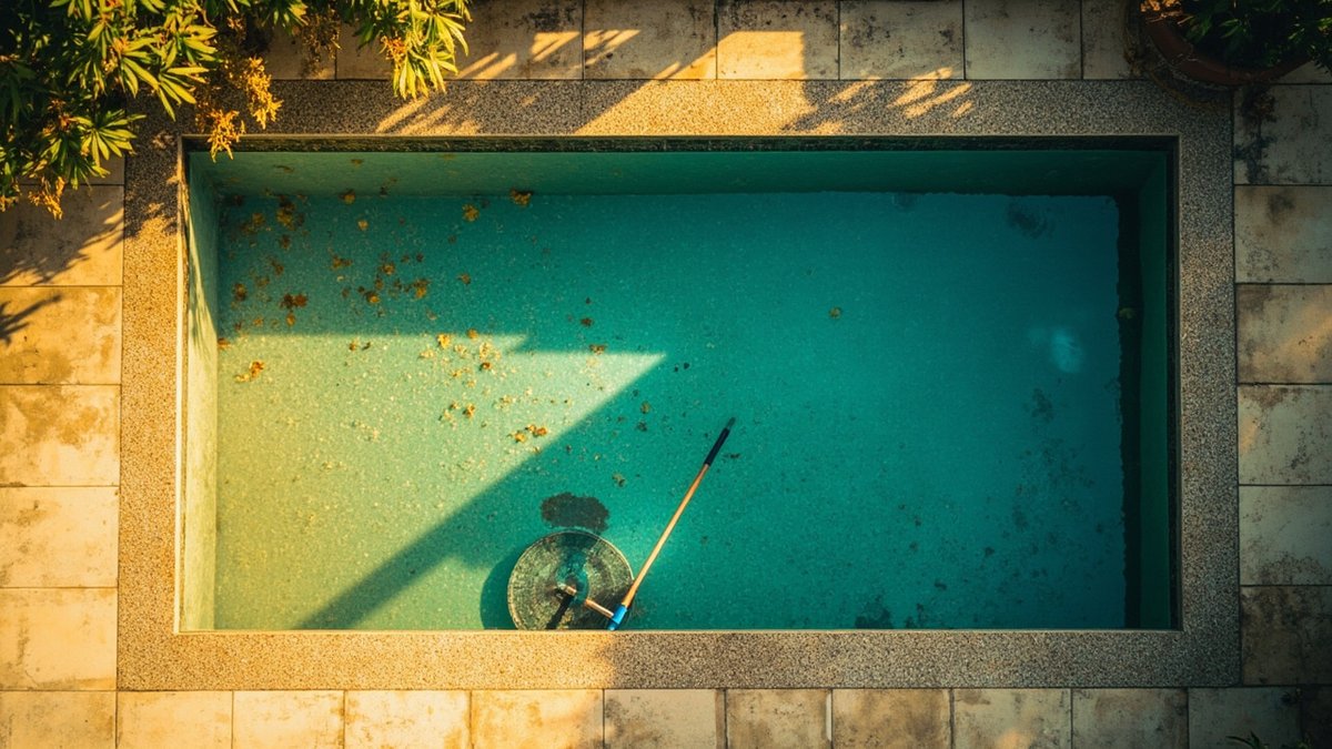 Home swimming pool with half the water clear and half green, a pool brush resting on the coping