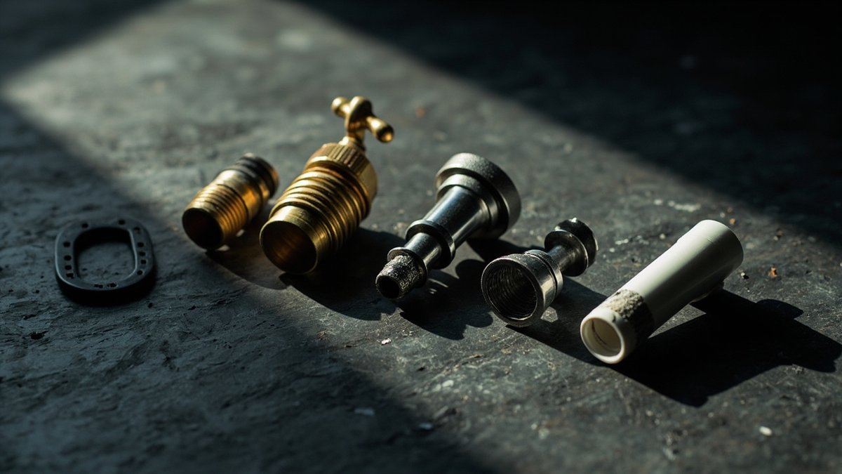 Brass, stainless steel, plated zinc alloy and plastic tap bodies laid side by side on a workbench