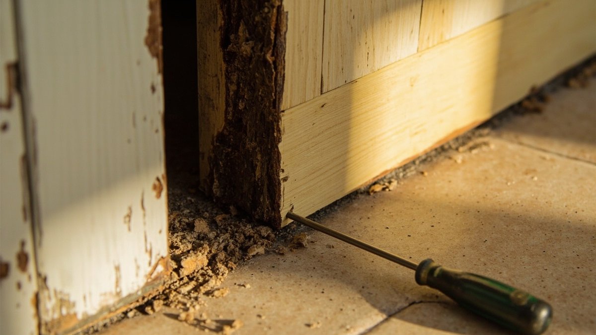 Foot of a timber door frame opened to show termite galleries beside a newly spliced timber section