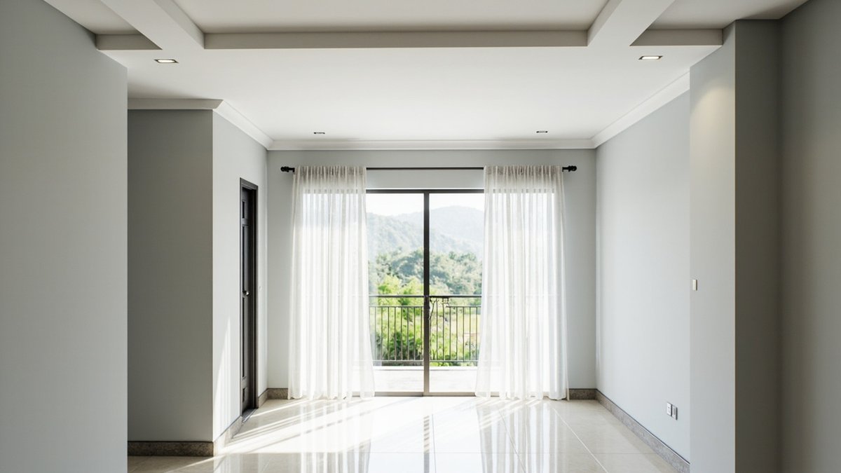 Ilustrasi konsep reka bentuk: bingkai siling plaster bertingkat dengan downlight di tepi pintu gelangsar kaca dan langsir nipis
