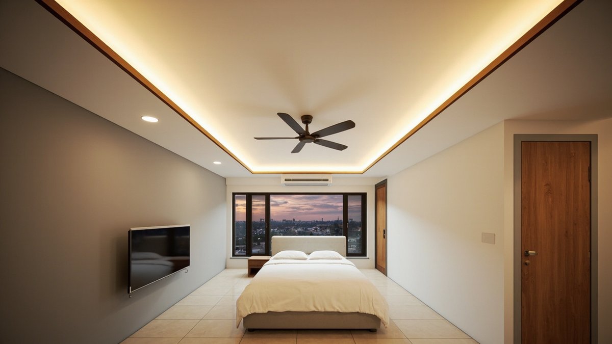 Ilustrasi konsep reka bentuk: bilik tidur tingkat atas dengan panel plaster berlampu cove dan kipas lima bilah di atas katil