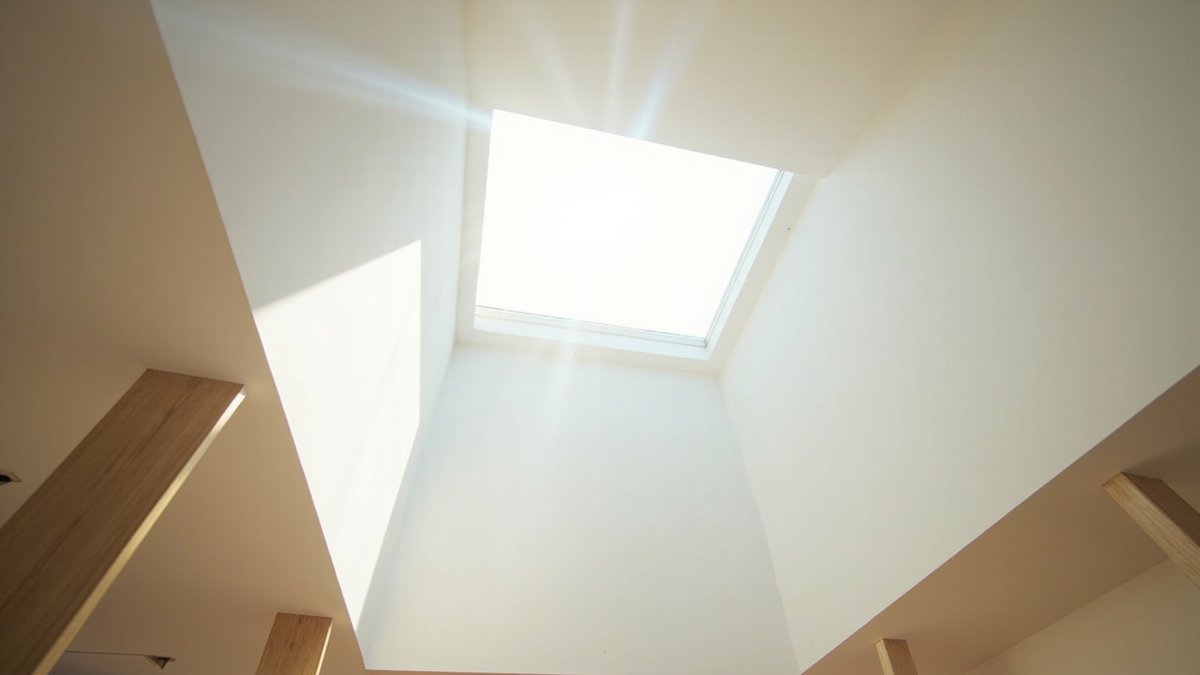 Ilustrasi konsep reka bentuk: pandangan ke atas lompang cahaya berlepa putih ke skylight bumbung segi empat di tengah rumah teres