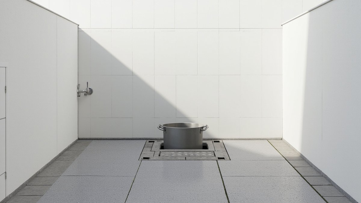Illustrative concept design: small sunken washing tray with a steel drain grating in a tiled yard floor, a large aluminium pot in it and a wall tap