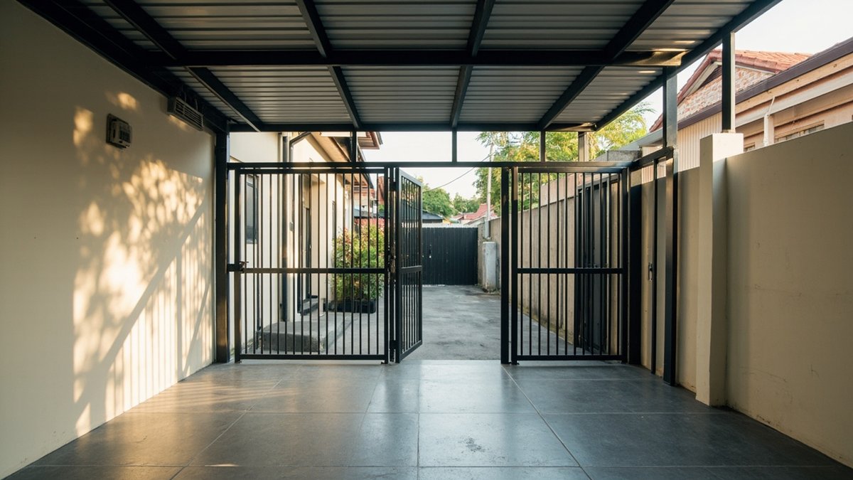 Illustrative concept design: covered terrace back yard closed off from the back lane by full-height black bar grille panels and a grille gate