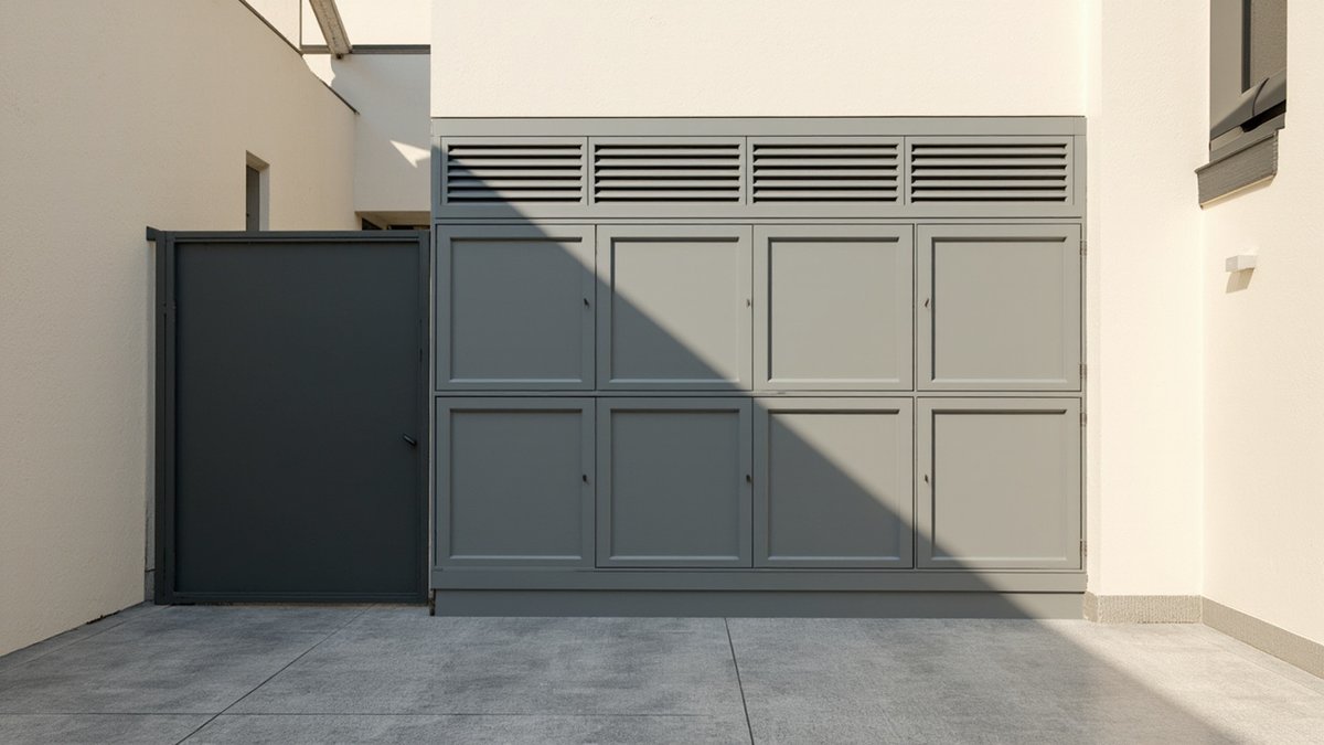 Illustrative concept design: grey utility cabinets with a louvred vent band beside a dark grey back gate in a terrace back yard