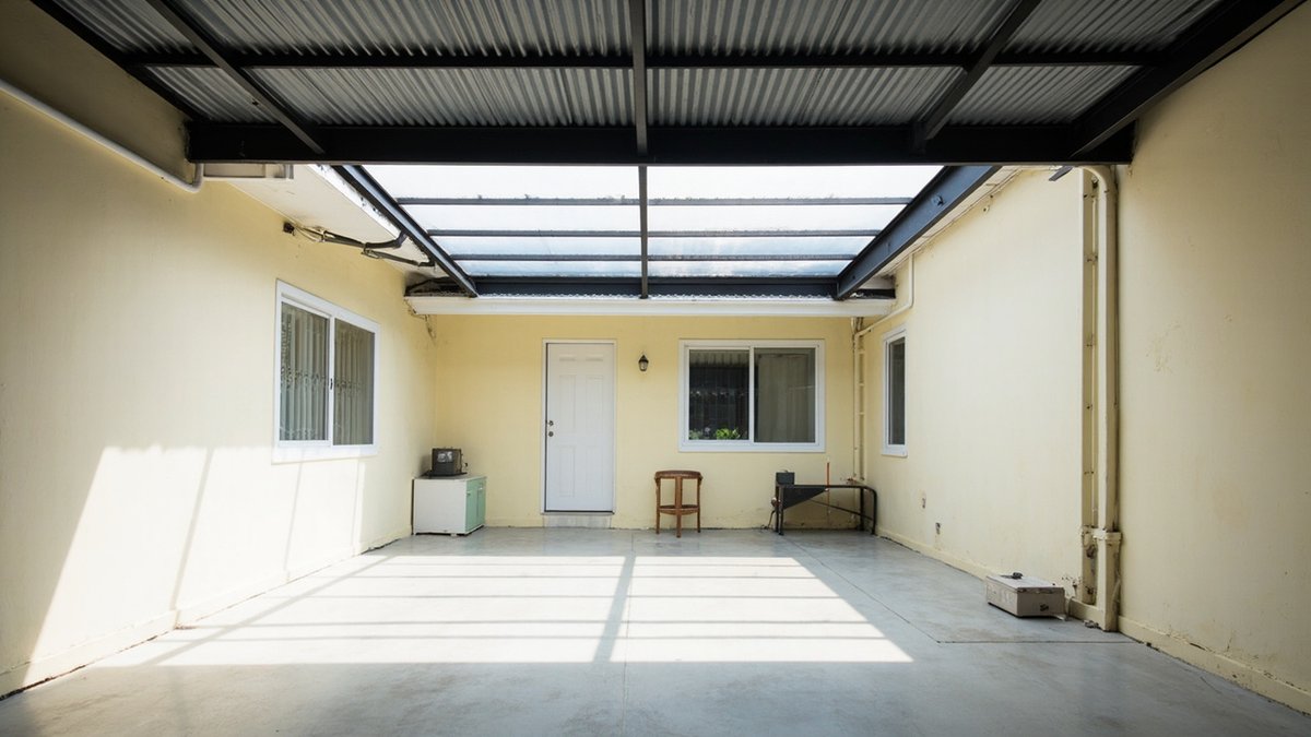 Illustrative concept design: terrace back yard with a corrugated metal roof and a clear polycarbonate section along the house wall lighting the back door