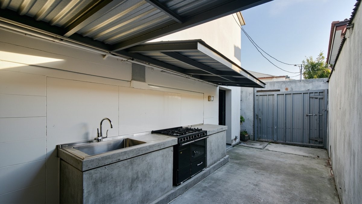 Illustrative concept design: outdoor wet kitchen with a concrete counter, stainless sink and black cooker under a stepped metal roof with a gap between levels