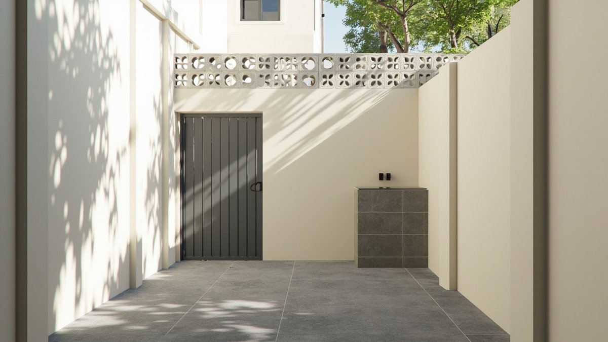Illustrative concept design: rear wall of a terrace back yard topped with white patterned ventilation blocks, grey slatted back gate and a tiled counter