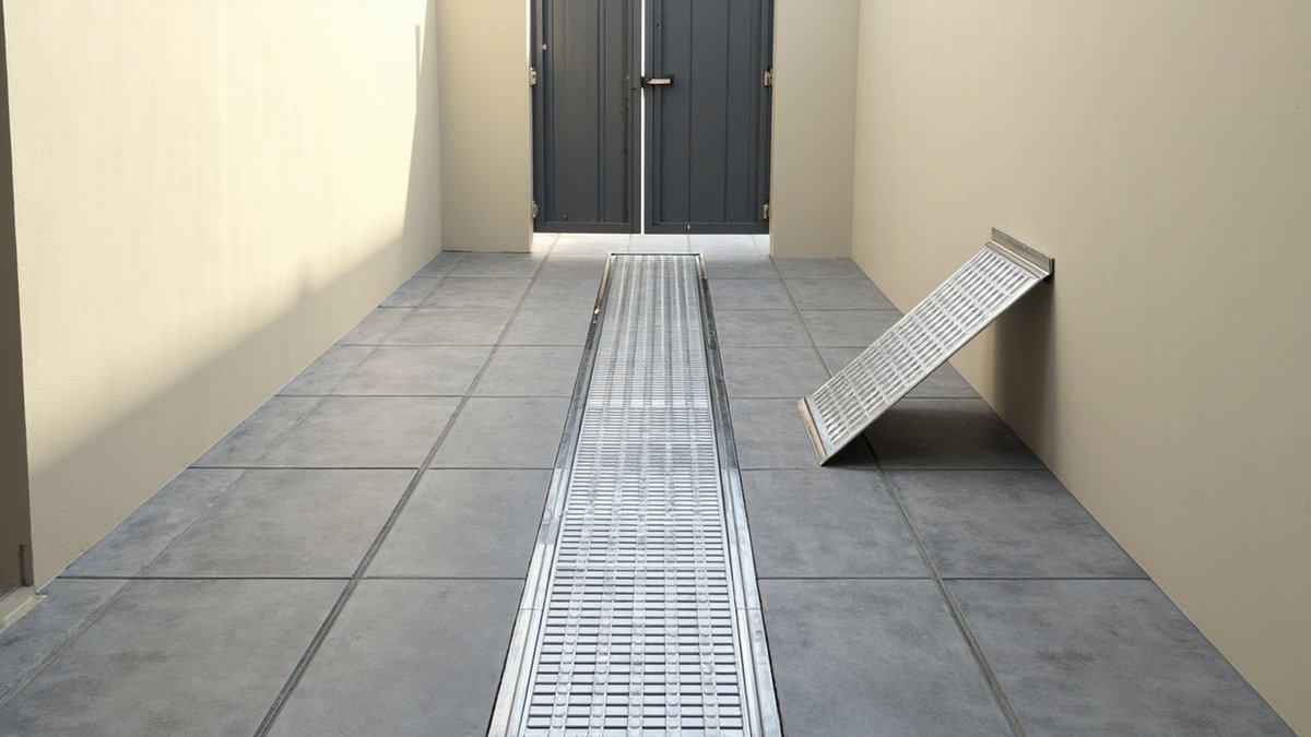 Illustrative concept design: flush steel drain grating running down a tiled terrace back yard to a grey back gate