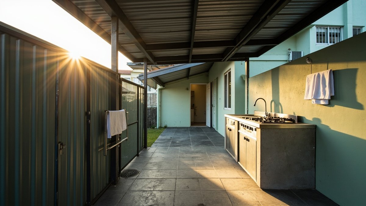 Illustrative concept design: covered terrace back yard seen from the back gate, a metal roof over a concrete wet kitchen counter with a sink and gas stove, towels on the walls