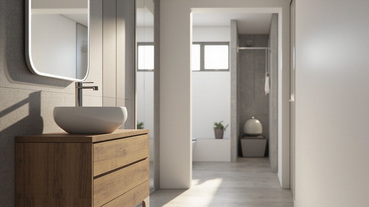 Illustrative concept design: oak vanity with a basin and mirror in the corridor outside the bathroom